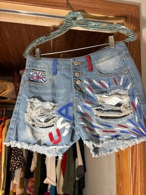 Hand-Painted Distressed Denim Women’s Shorts - Red, White & Blue